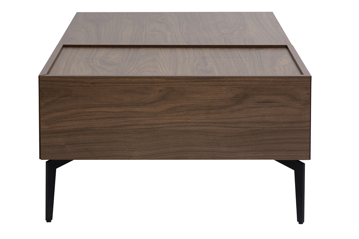 Tavolino rettangolare in legno scuro finitura noce con gambe in metallo nero, vista laterale.