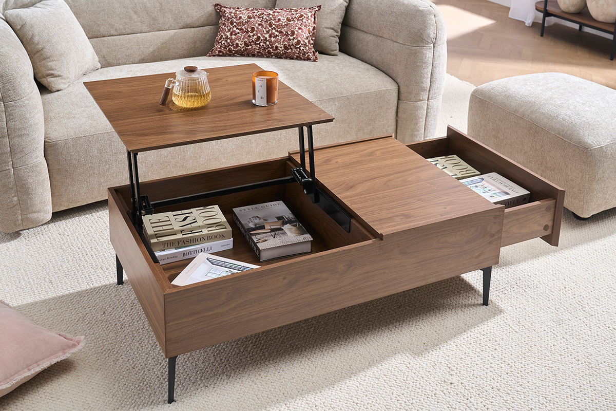 Tavolo basso sollevabile rettangolare in legno scuro finitura noce e metallo nero L103 cm SEDA