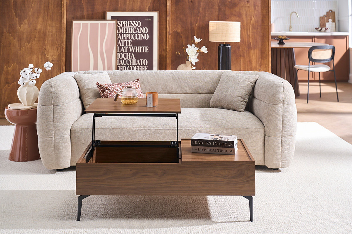 Tavolo basso sollevabile rettangolare in legno scuro finitura noce e metallo nero L103 cm SEDA