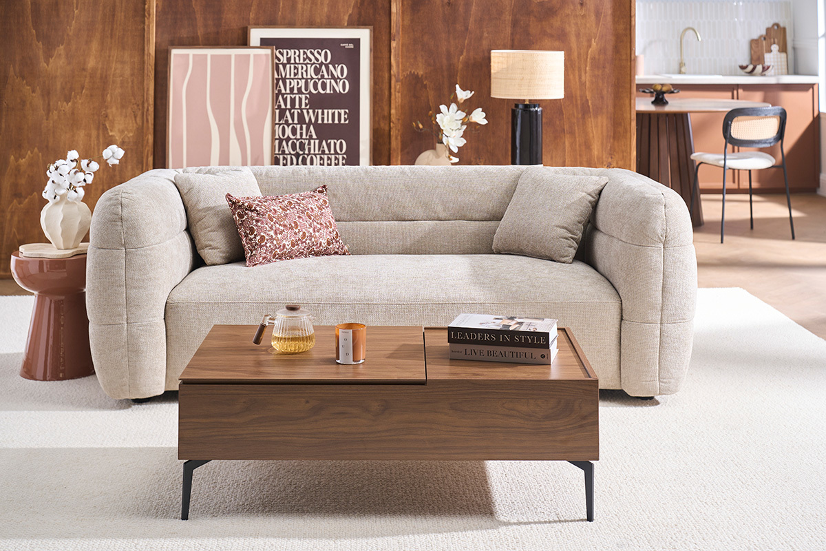 Tavolo basso sollevabile rettangolare in legno scuro finitura noce e metallo nero L103 cm SEDA