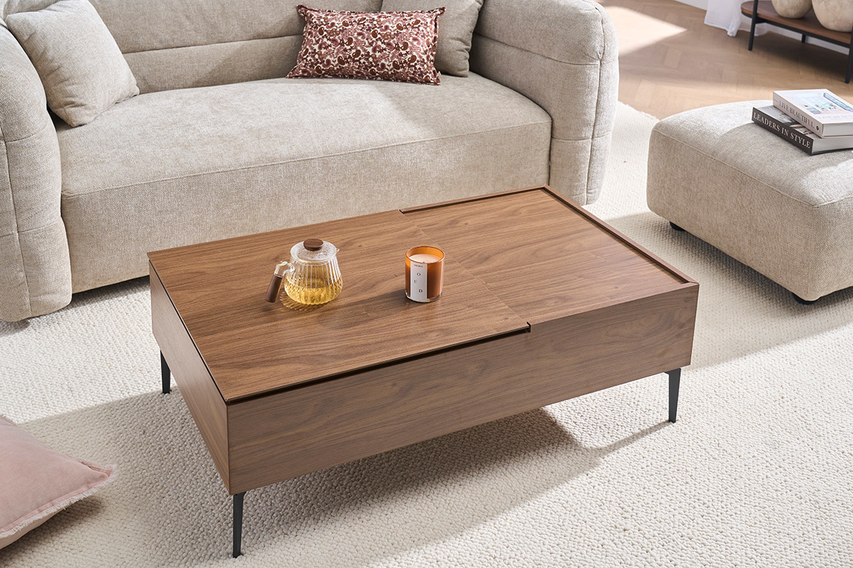 Tavolo basso sollevabile rettangolare in legno scuro finitura noce e metallo nero L103 cm SEDA