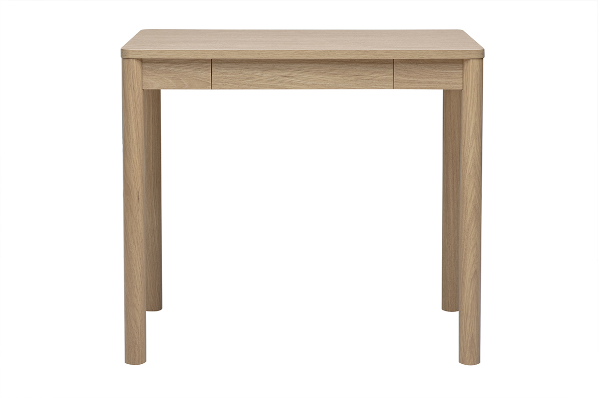 Tavolo da bar alto in legno chiaro di quercia con cassetto, vista frontale, dimensioni L110 cm