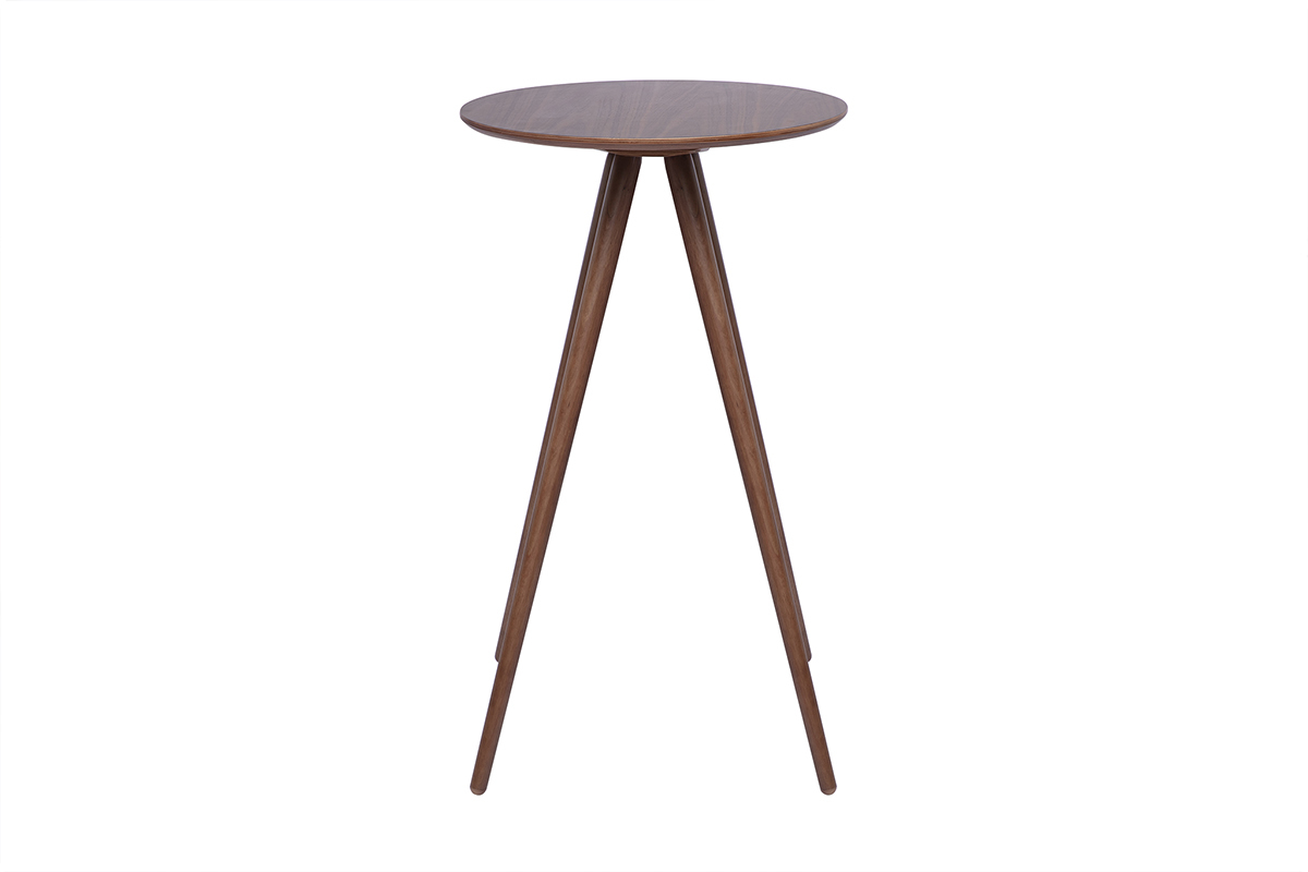 Tavolo da bar rotondo in legno scuro noce, vista frontale, diametro di 60 cm, altezza di 104 cm.