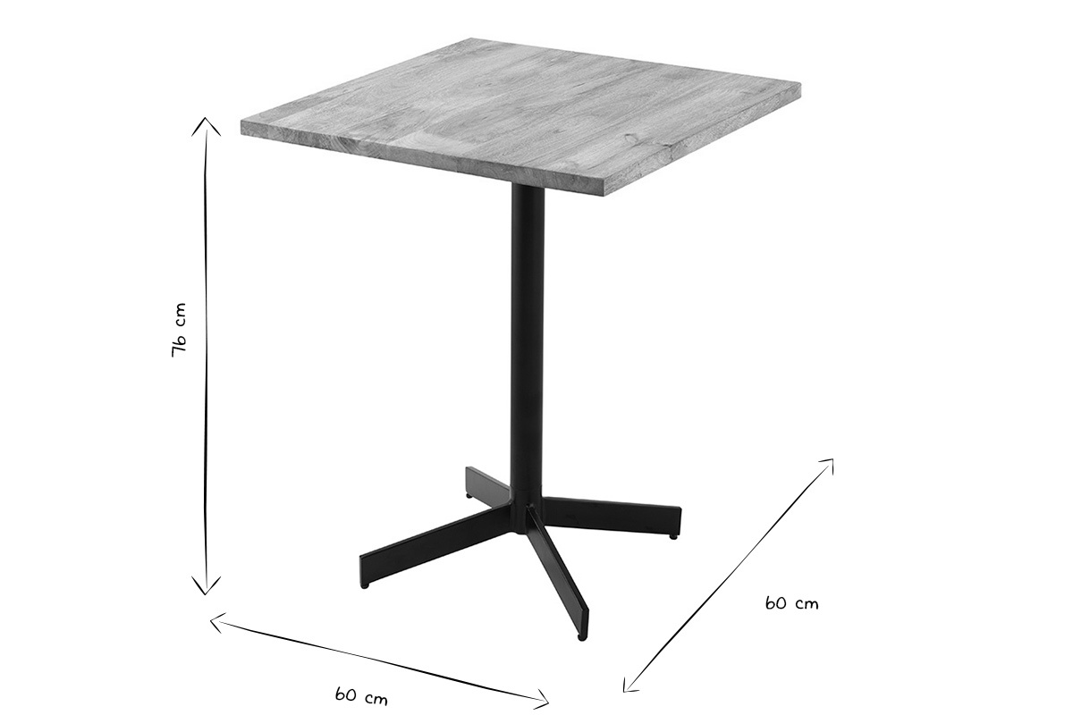 Dimensioni del tavolo bistrot quadrato in legno e metallo nero, D60 cm, vista laterale