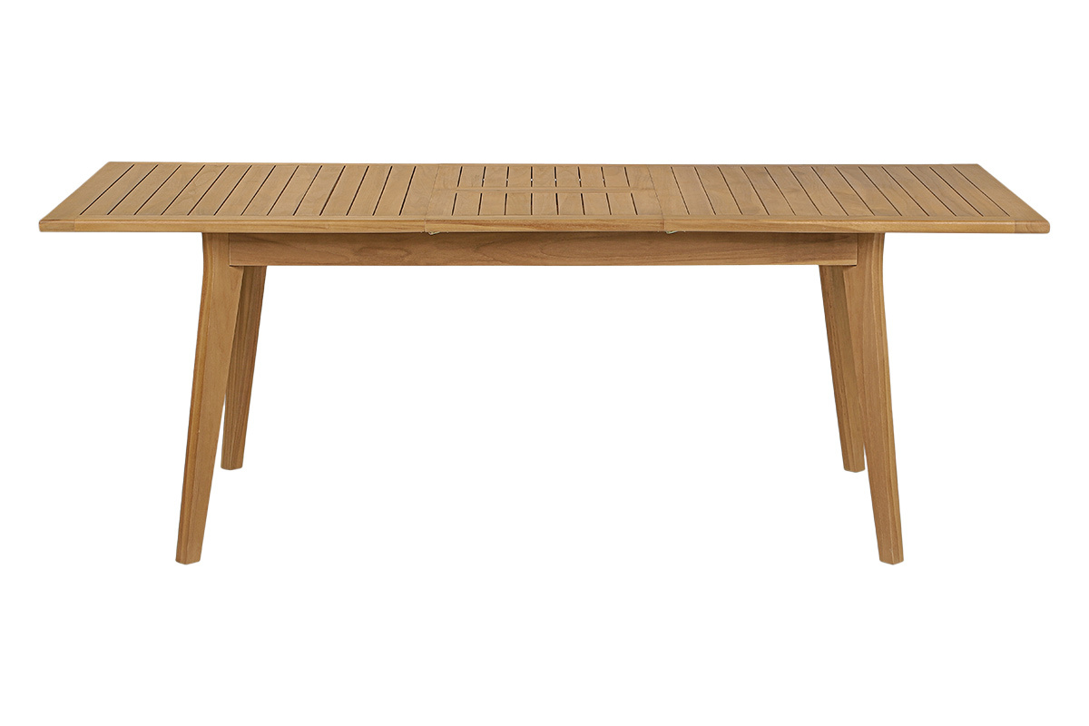 Tavolo da giardino allungabile in legno massello di teak, vista frontale, dimensioni L160-210 x P90 x H75 cm.