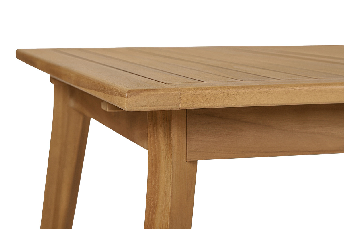 Tavolo da giardino allungabile in legno massiccio di teak visto di profilo, superficie liscia e angoli arrotondati.