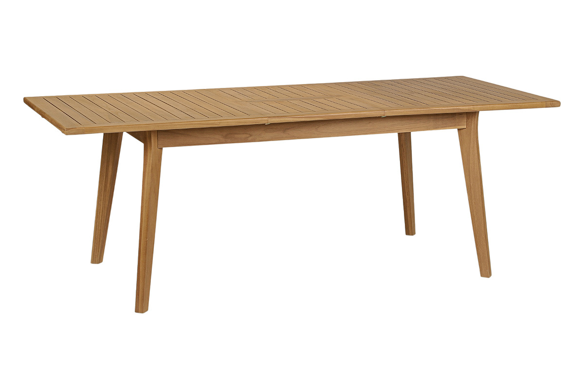 Tavolo da giardino allungabile in legno massello di teak, vista a 3/4, dimensioni L160-210 cm.