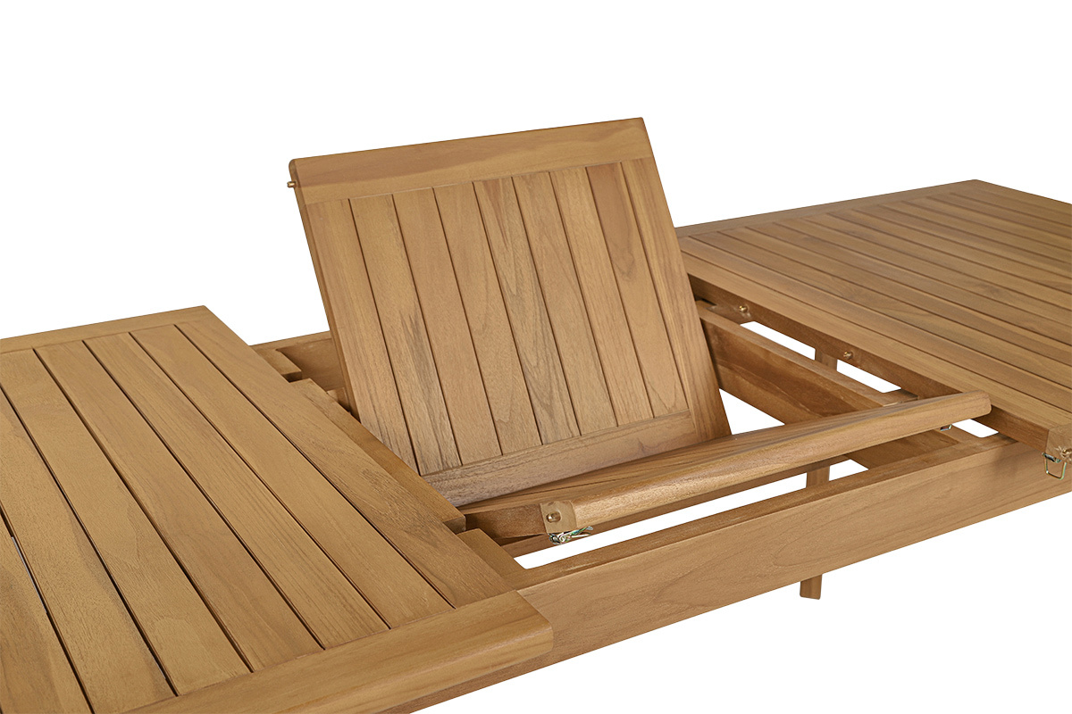 Tavolo da giardino allungabile in legno massello di teak LOMBOK con prolunga, vista da vicino