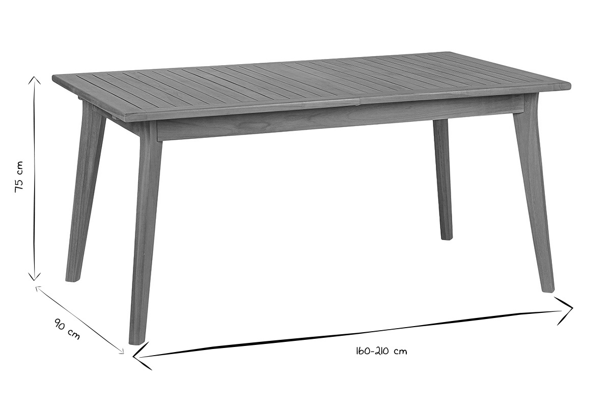 Dimensioni del tavolo da giardino estensibile in legno massello di teak, in nero e bianco.