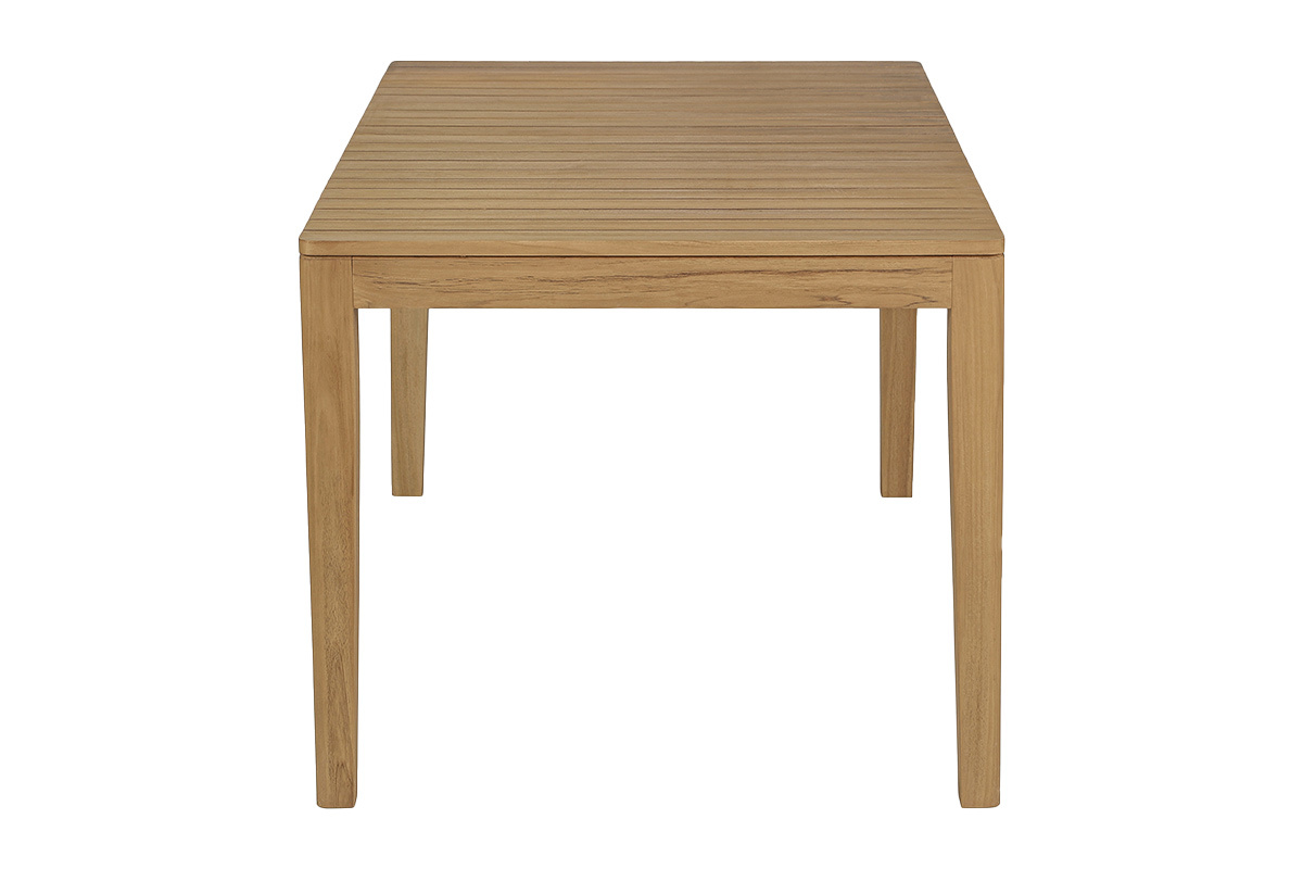 Tavolo da giardino rettangolare in legno di teak massello, vista di profilo, dimensioni L160 x P90 x H75 cm.