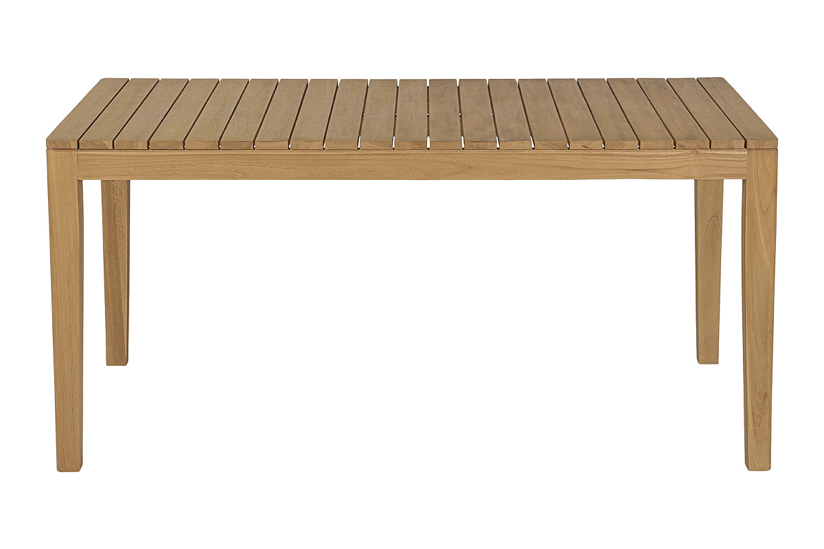 Tavolo da giardino rettangolare in teak massello, vista frontale, con piano a doghe.