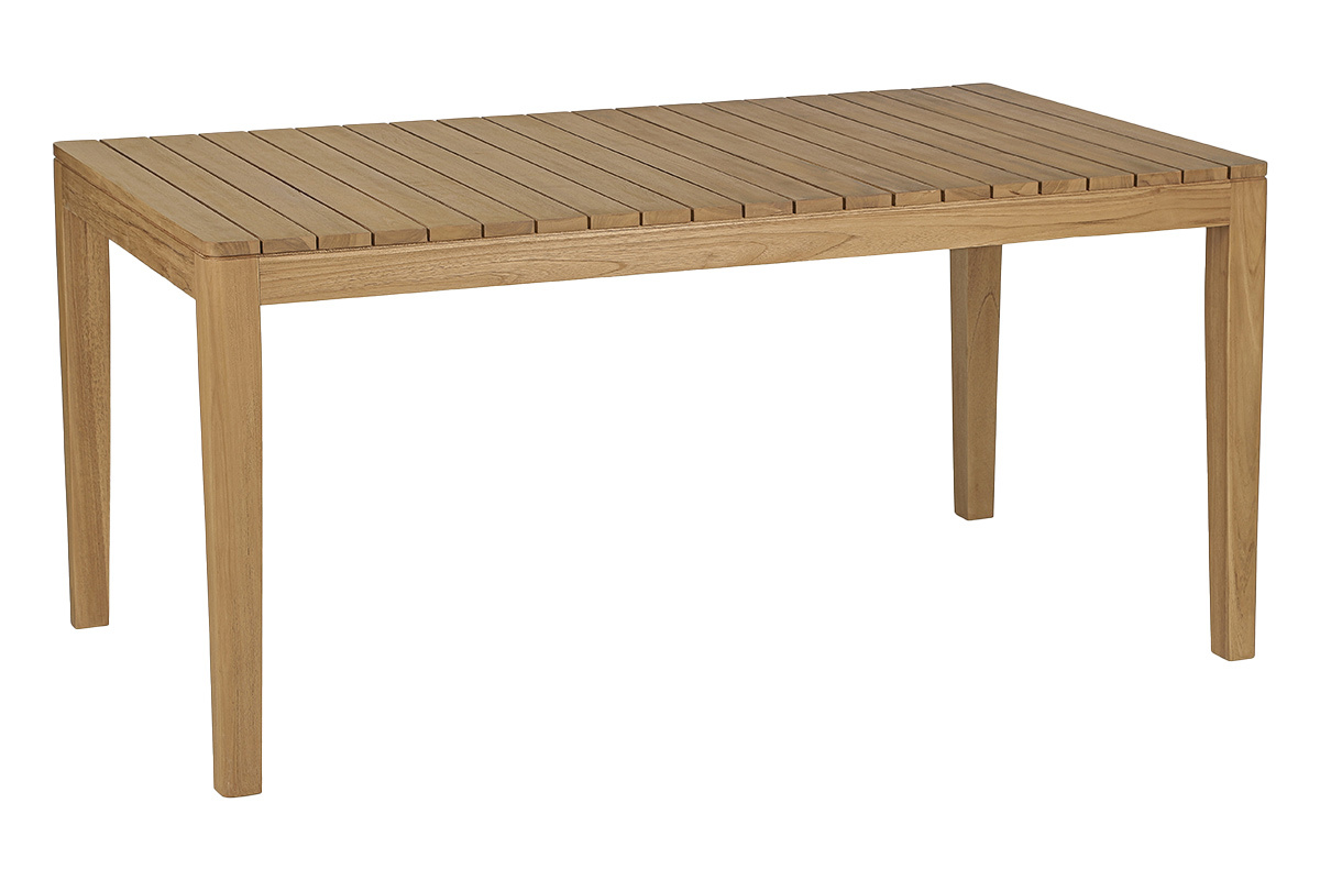 Tavolo da giardino rettangolare in teak massello, vista a 3/4, dimensioni L160 cm.