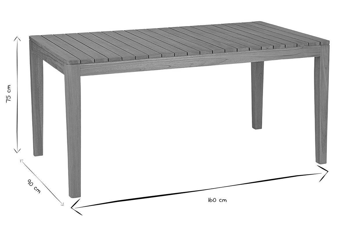 Dimensioni del tavolo da giardino in legno massello di teak: L160 x P90 x H75 cm in bianco e nero.