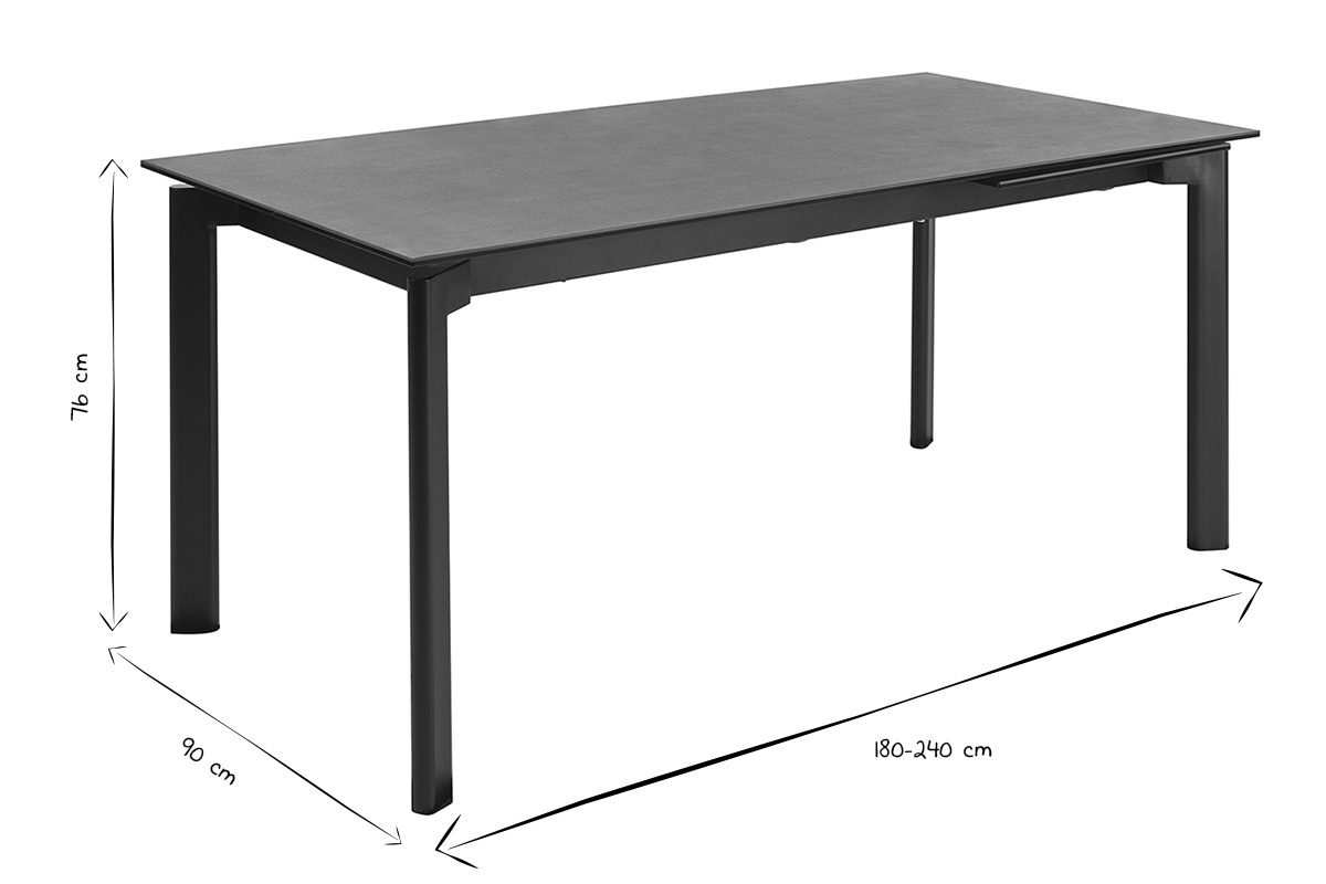 Dimensioni del tavolo da pranzo allungabile: L180-240 cm, P90 cm, H76 cm in bianco e nero.