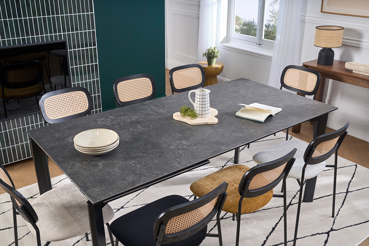 Tavolo da pranzo allungabile in ceramica nera e metallo L180-240 cm CARA