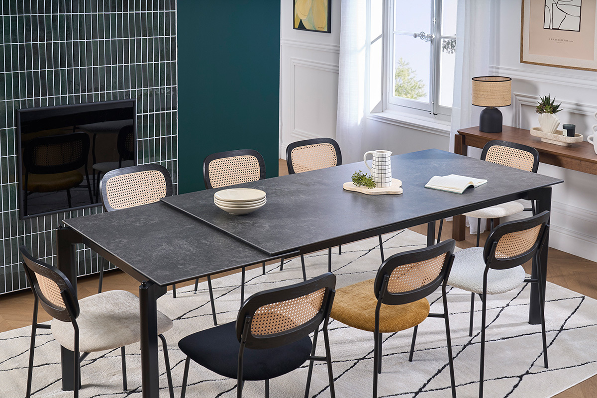 Tavolo da pranzo allungabile in ceramica nera e metallo L180-240 cm CARA