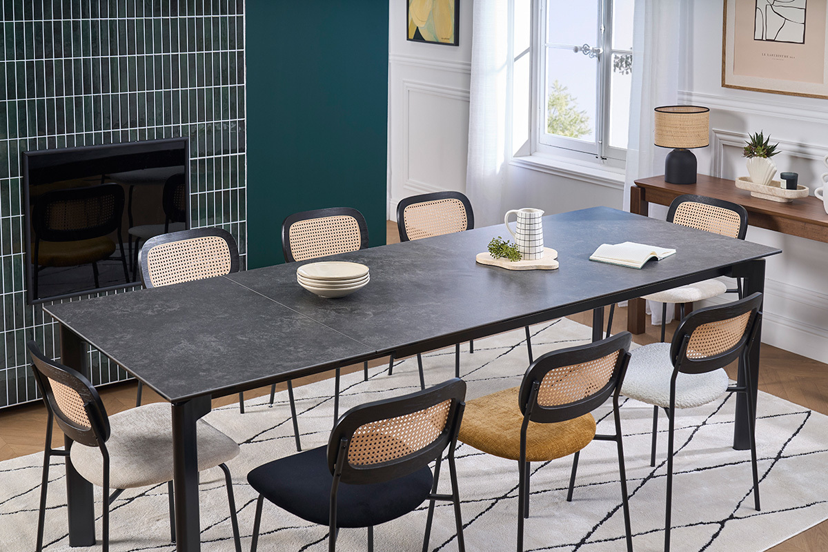Tavolo da pranzo allungabile in ceramica nera e metallo L180-240 cm CARA