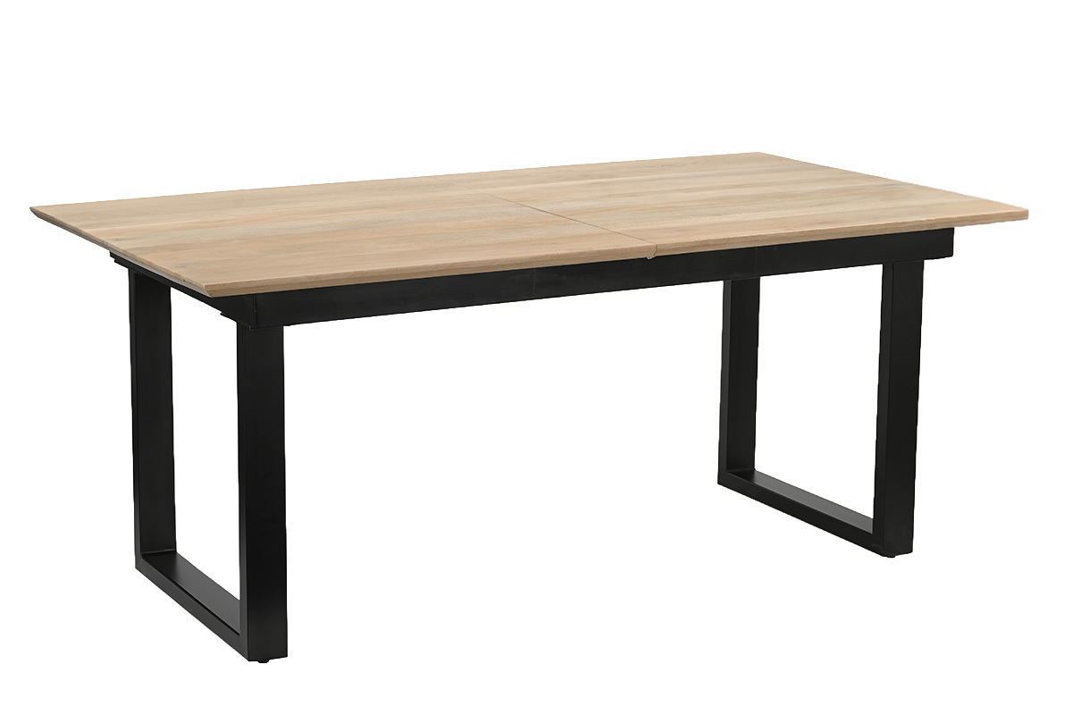 Tavolo da pranzo allungabile in legno di mango chiaro e metallo nero visto in 3/4