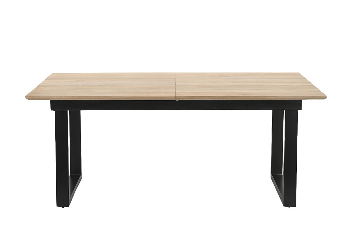 Tavolo da pranzo allungabile in legno chiaro di mango massiccio e metallo nero, vista frontale