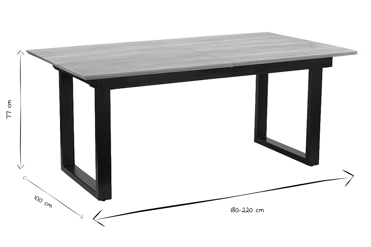 Dimensioni del tavolo da pranzo: 77 cm di altezza, 100 cm di larghezza, 180-220 cm di lunghezza, in bianco e nero.