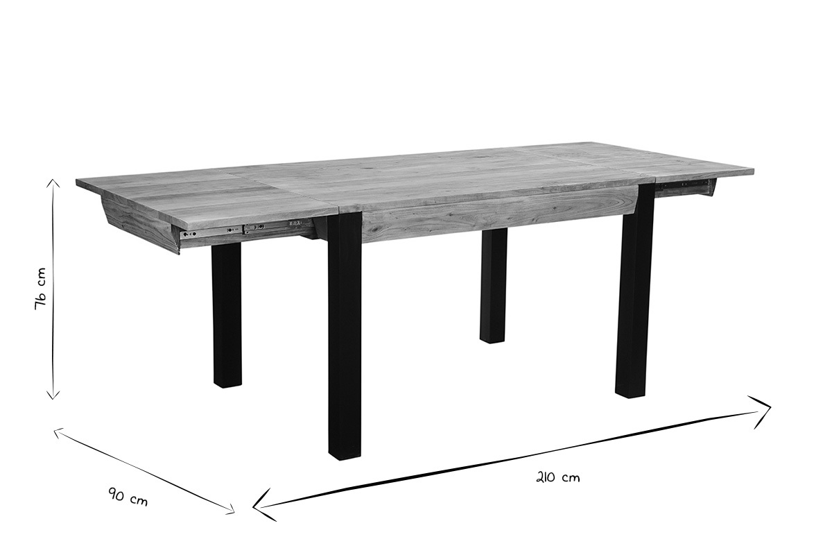 Tavolo da pranzo allungabile in massello di acacia e metallo nero L120-210 cm TRAP