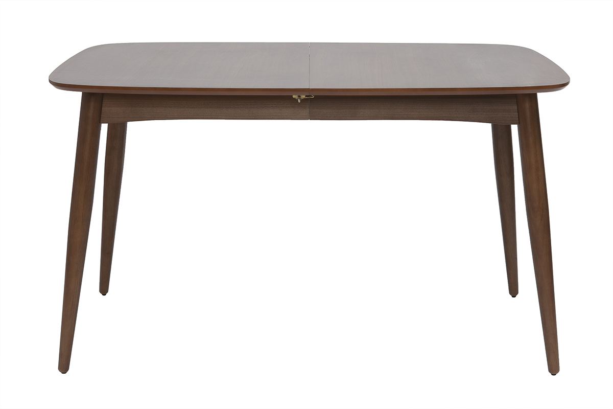 Tavolo da pranzo allungabile NORDECO in noce, vista frontale, lunghezza da 130 a 190 cm.