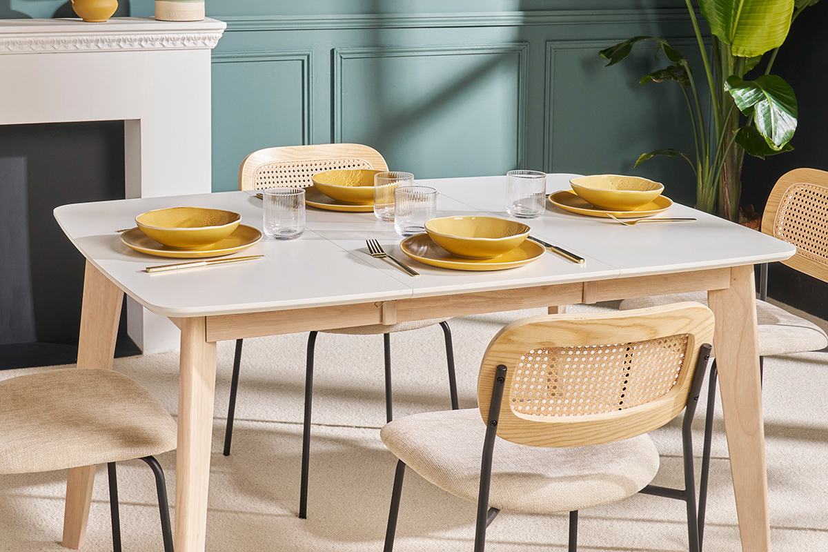 Tavolo da pranzo allungabile scandinavo quadrato bianco e legno L90-130 LEENA