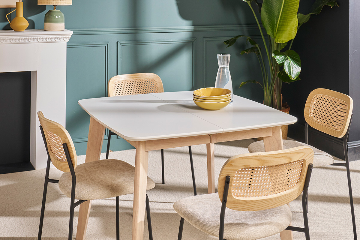 Tavolo da pranzo allungabile scandinavo quadrato bianco e legno L90-130 LEENA