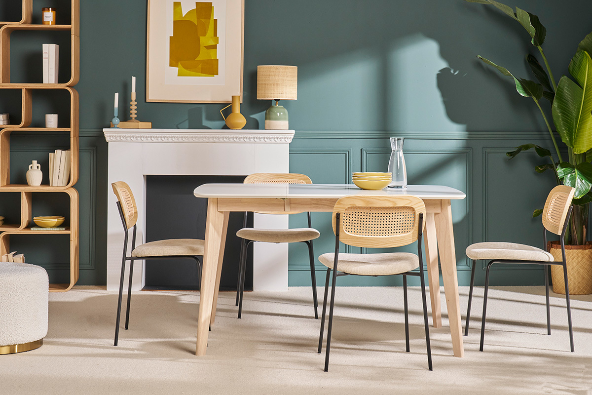 Tavolo da pranzo allungabile scandinavo quadrato bianco e legno L90-130 LEENA