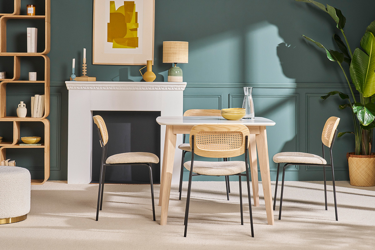Tavolo da pranzo allungabile scandinavo quadrato bianco e legno L90-130 LEENA