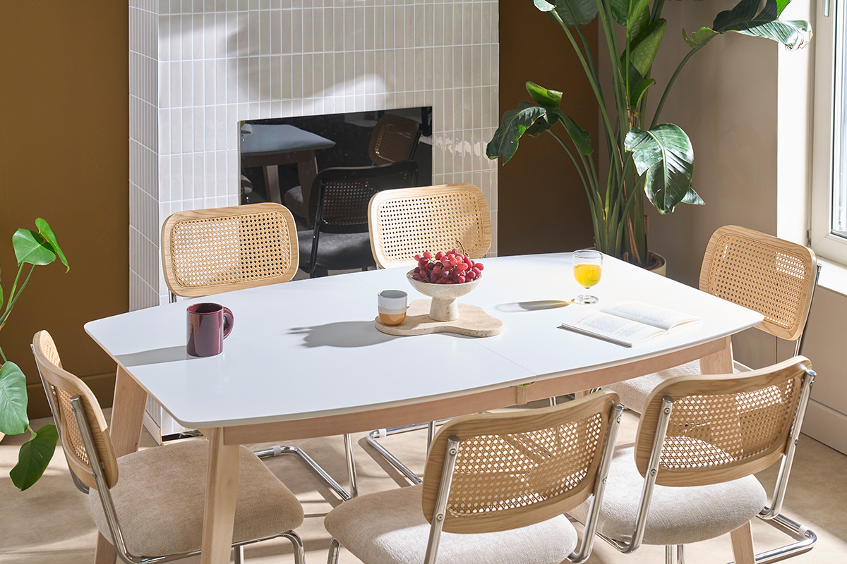 Tavolo da pranzo design allungabile bianco e legno chiaro L150-200 LEENA