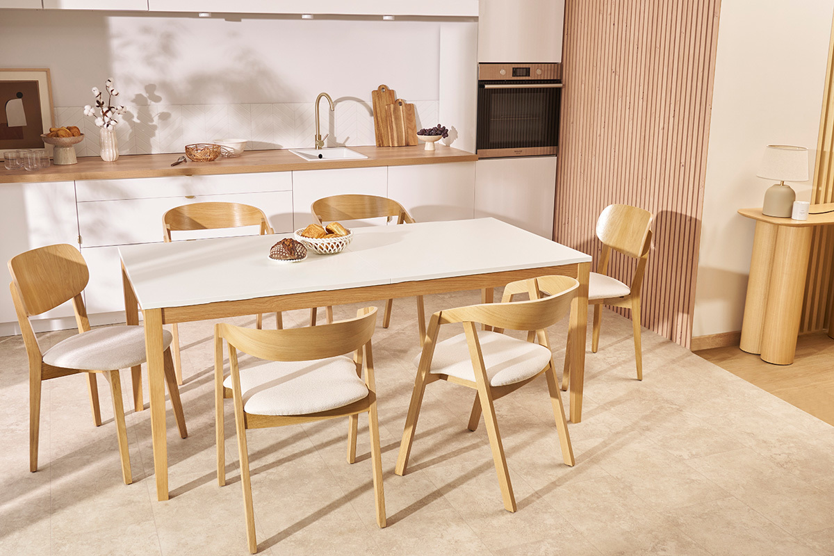 Tavolo da pranzo design allungabile bianco gambe in legno L180-260 DELAH