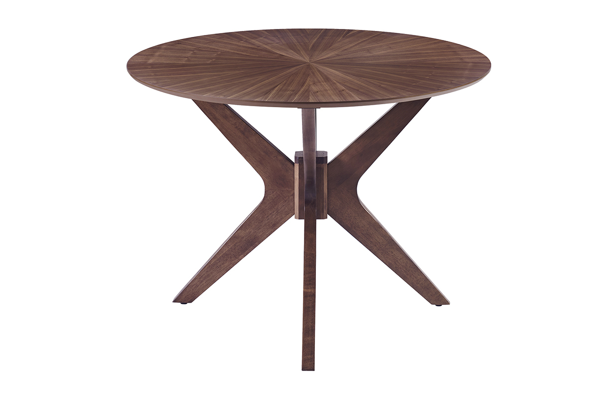 Tavolo da pranzo ovale in noce con base scolpita, vista laterale.