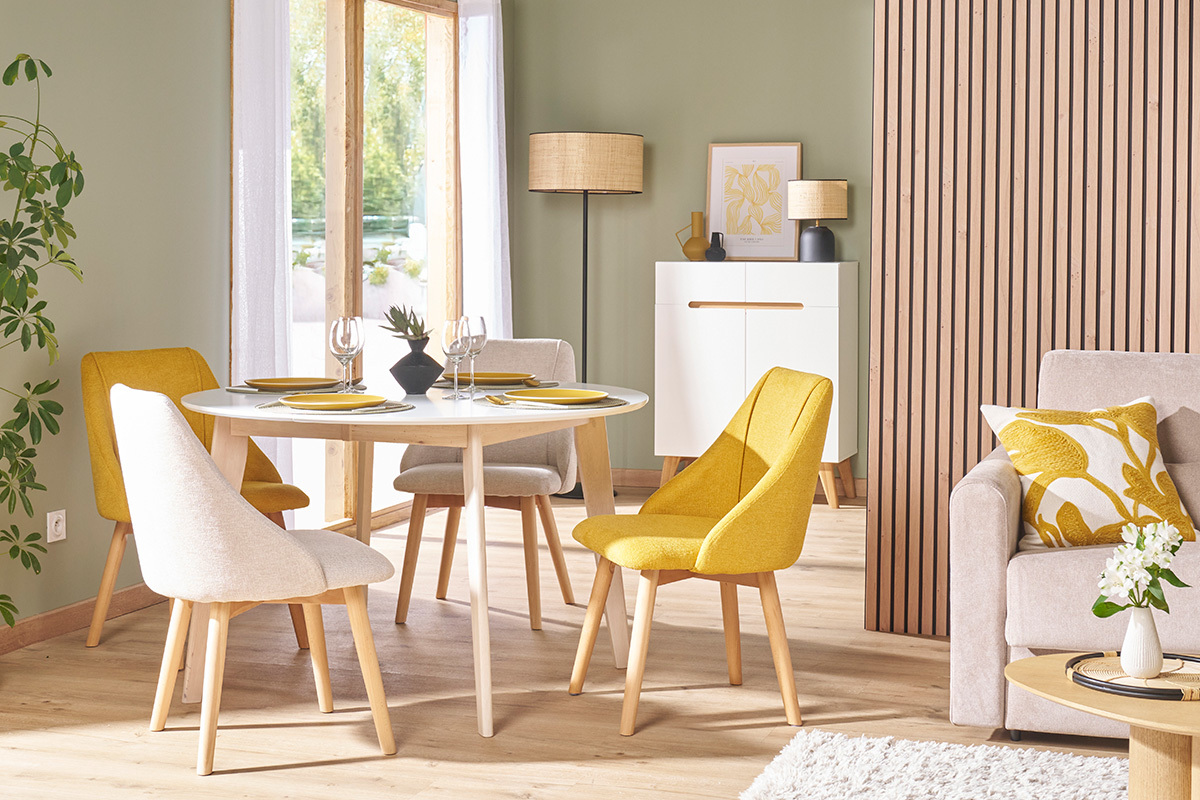 Tavolo da pranzo design rotondo allungabile bianco e legno L120-150 LEENA