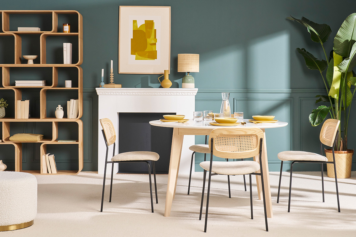 Tavolo da pranzo design rotondo allungabile bianco e legno L120-150 LEENA
