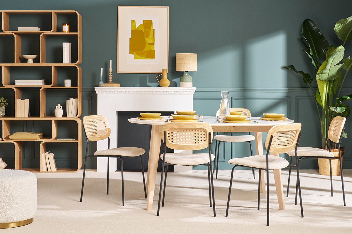 Tavolo da pranzo design rotondo allungabile bianco e legno L120-150 LEENA