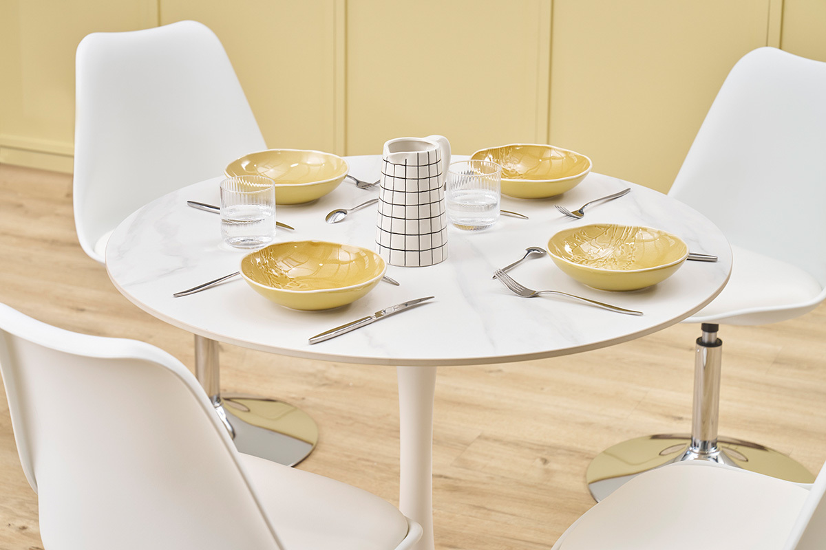 Tavolo da pranzo design rotondo in ceramica bianca e metallo D90 cm MALOU