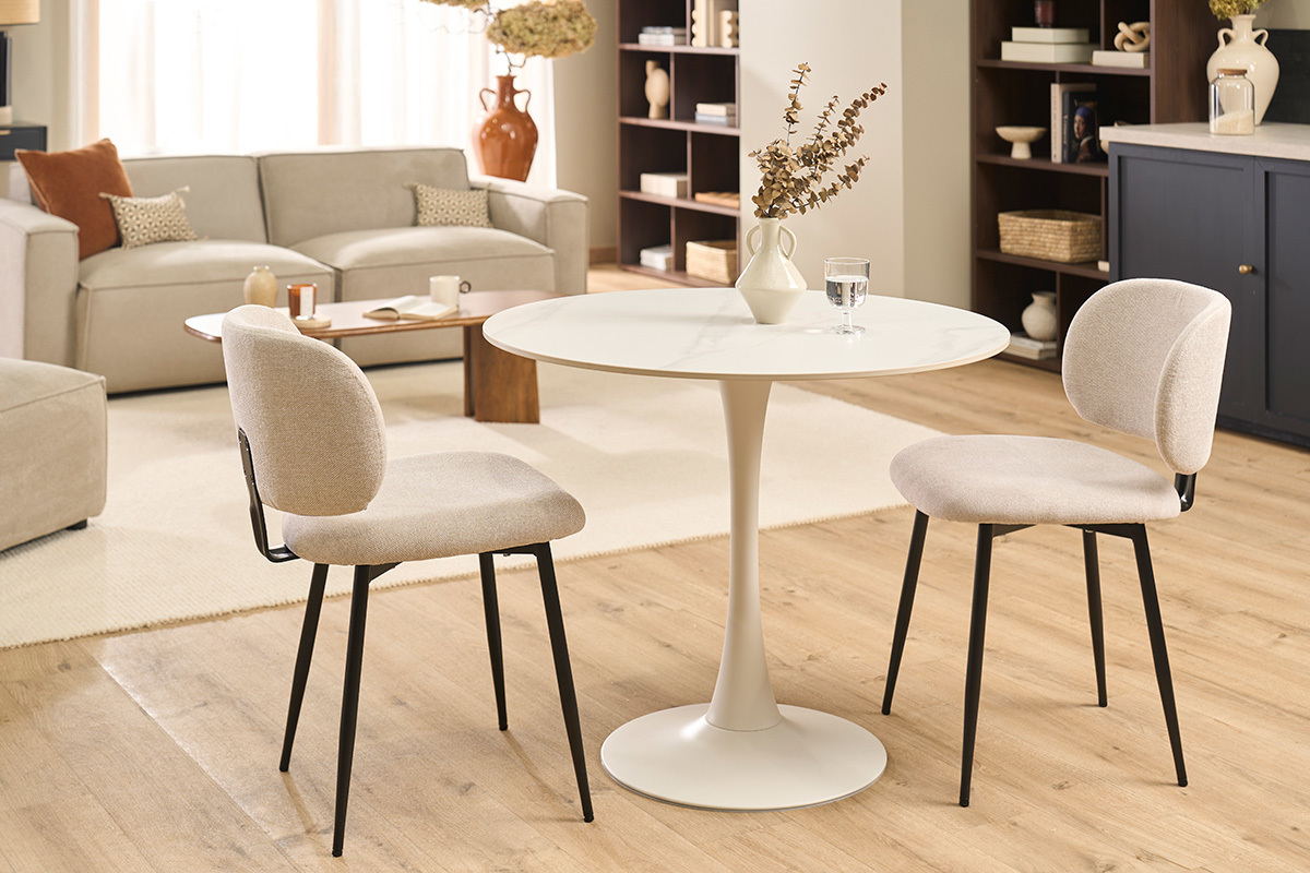 Tavolo da pranzo design rotondo in ceramica bianca e metallo D90 cm MALOU