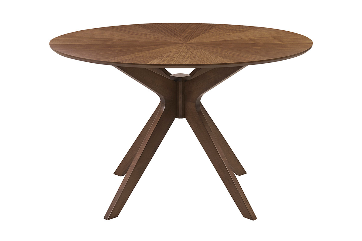 Tavolo da pranzo rotondo in noce con gambe incrociate, vista laterale.