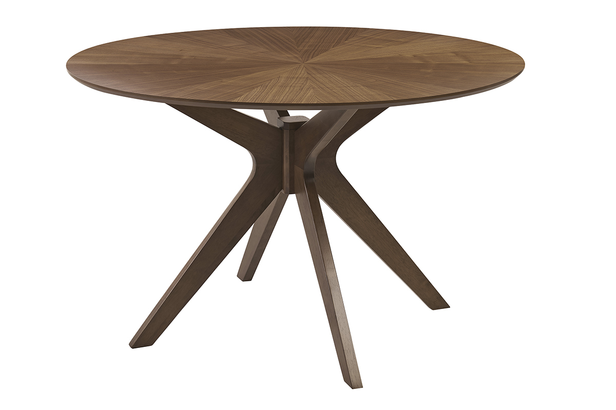 Tavolo da pranzo rotondo in noce con gambe incrociate in vista da 3/4.