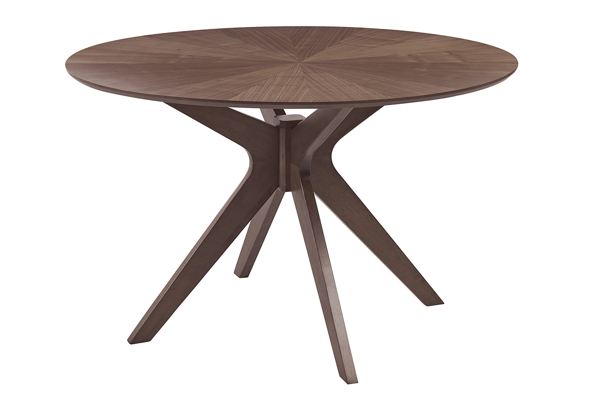 Tavolo rotondo in noce DIELLI con gambe in legno massello di hevea, vista da 3/4.