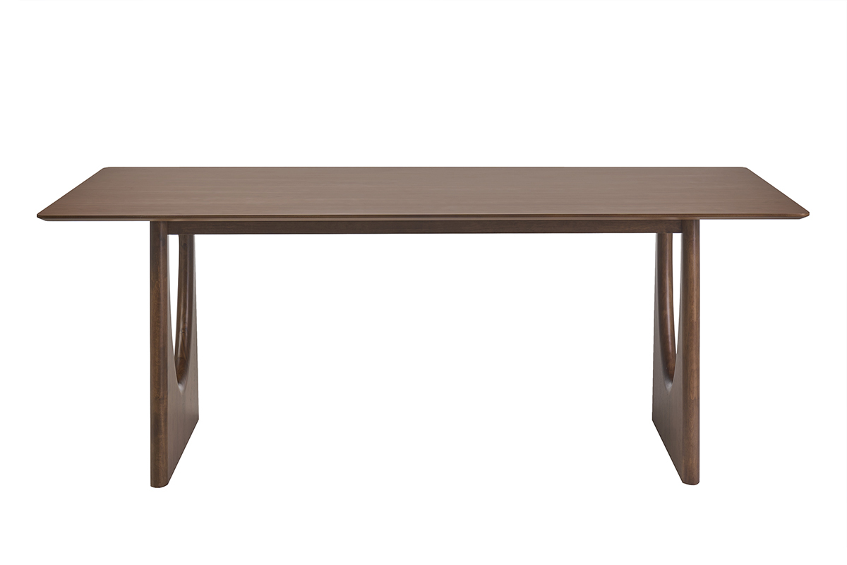 Tavolo da pranzo rettangolare in legno di noce scuro, vista frontale, dimensioni L200 x P90 x H75 cm.