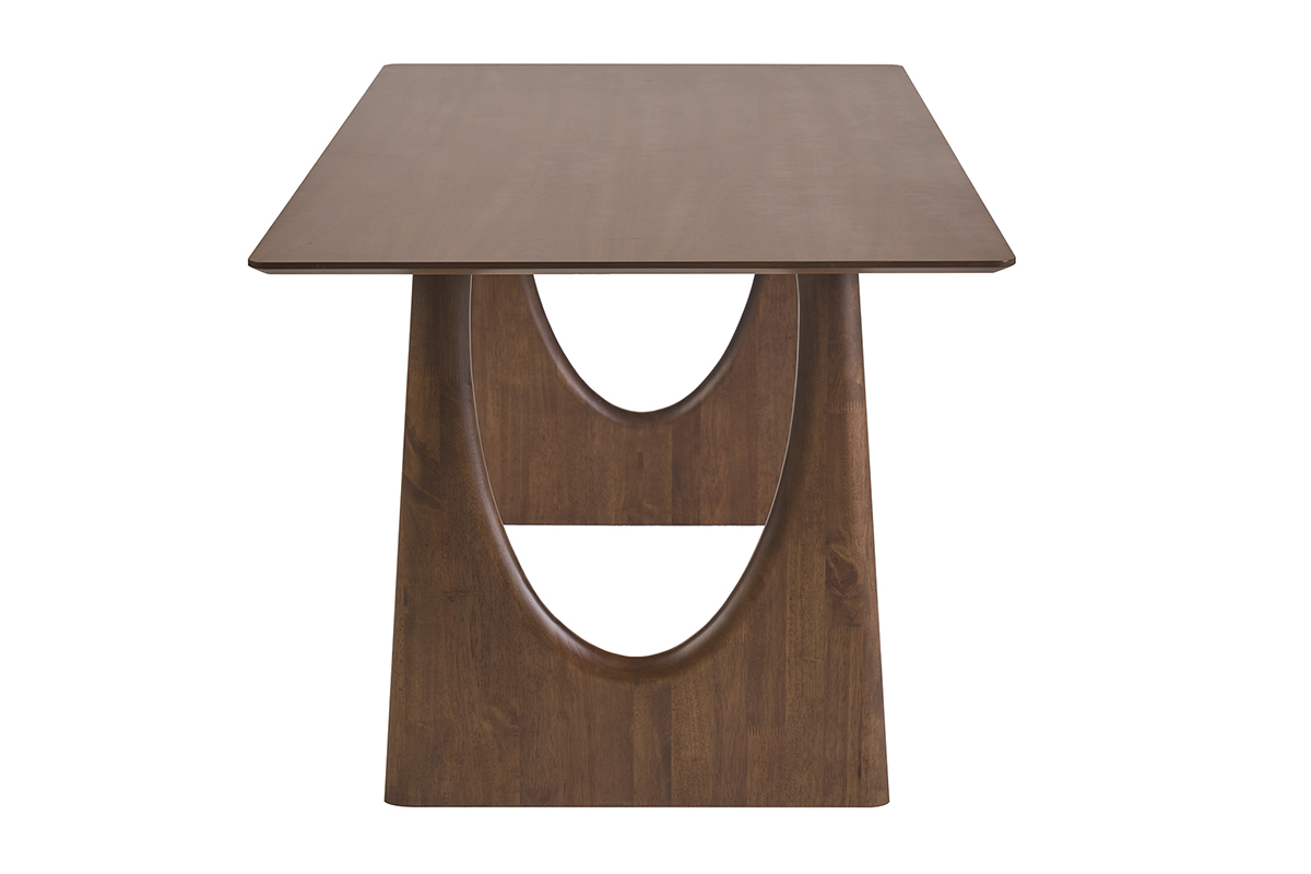 Tavolo da pranzo rettangolare in legno scuro noce, vista laterale, design moderno con gambe scolpite.