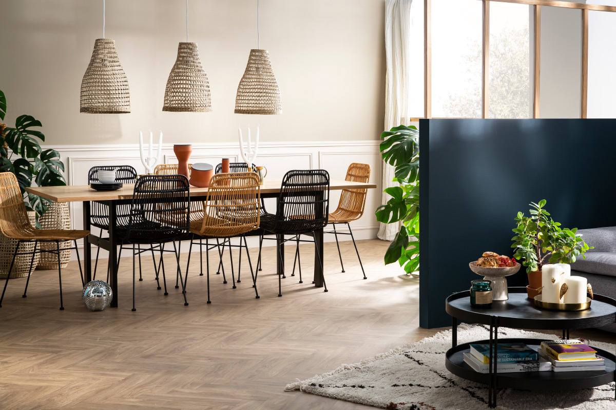 Tavolo da pranzo industriale impiallacciatura rovere e metallo nero L230 cm HILBA