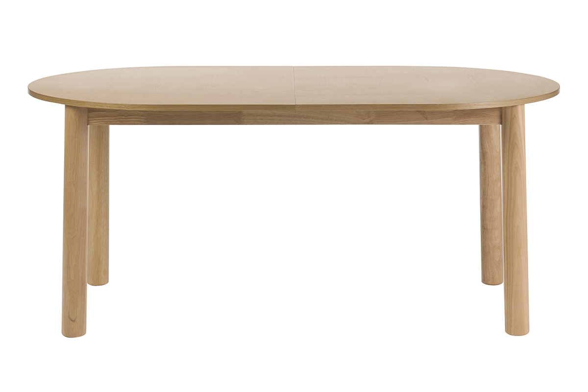 Tavolo da pranzo ovale allungabile in legno chiaro, vista frontale, dimensioni L180-230 cm.