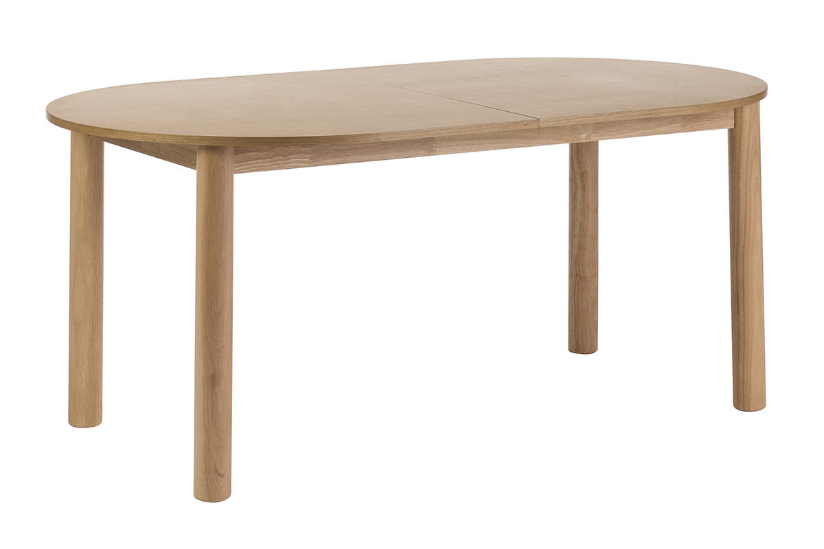 Tavolo da pranzo ovale allungabile in legno chiaro di frassino, vista 3/4, dimensioni L180-230 cm