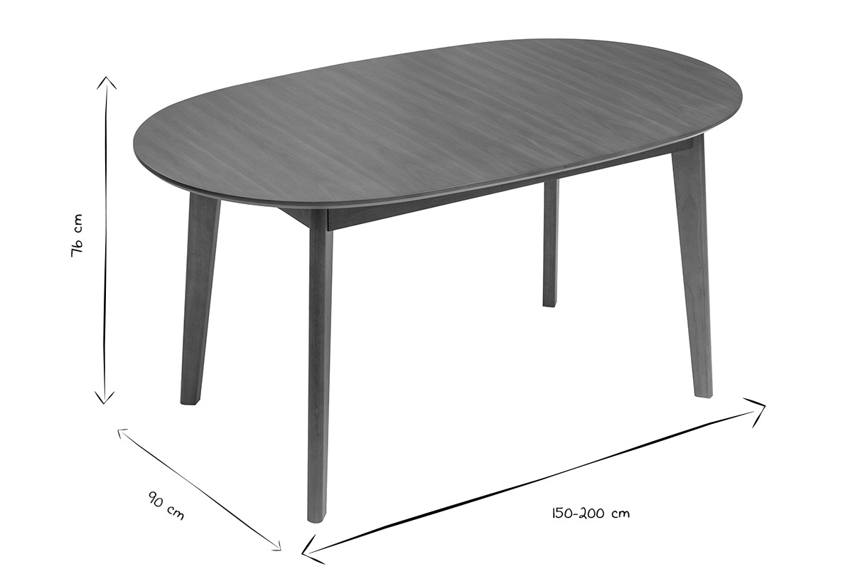 Dimensioni del tavolo da pranzo ovale allungabile, L150-200 cm, H76 cm, P90 cm, in bianco e nero.