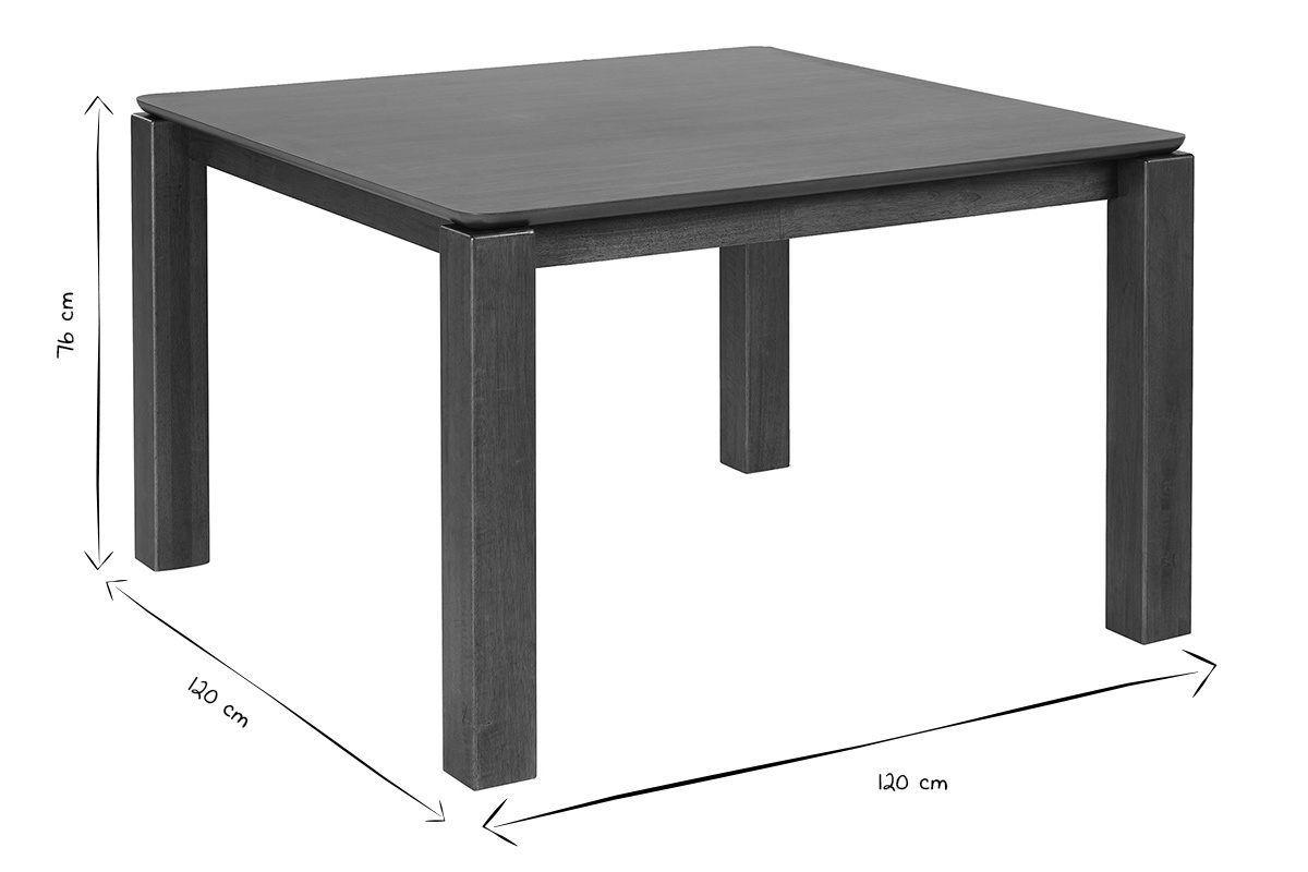 Tavolo da pranzo quadrato in legno scuro L120 cm, altezza 76 cm, dimensioni in bianco e nero.