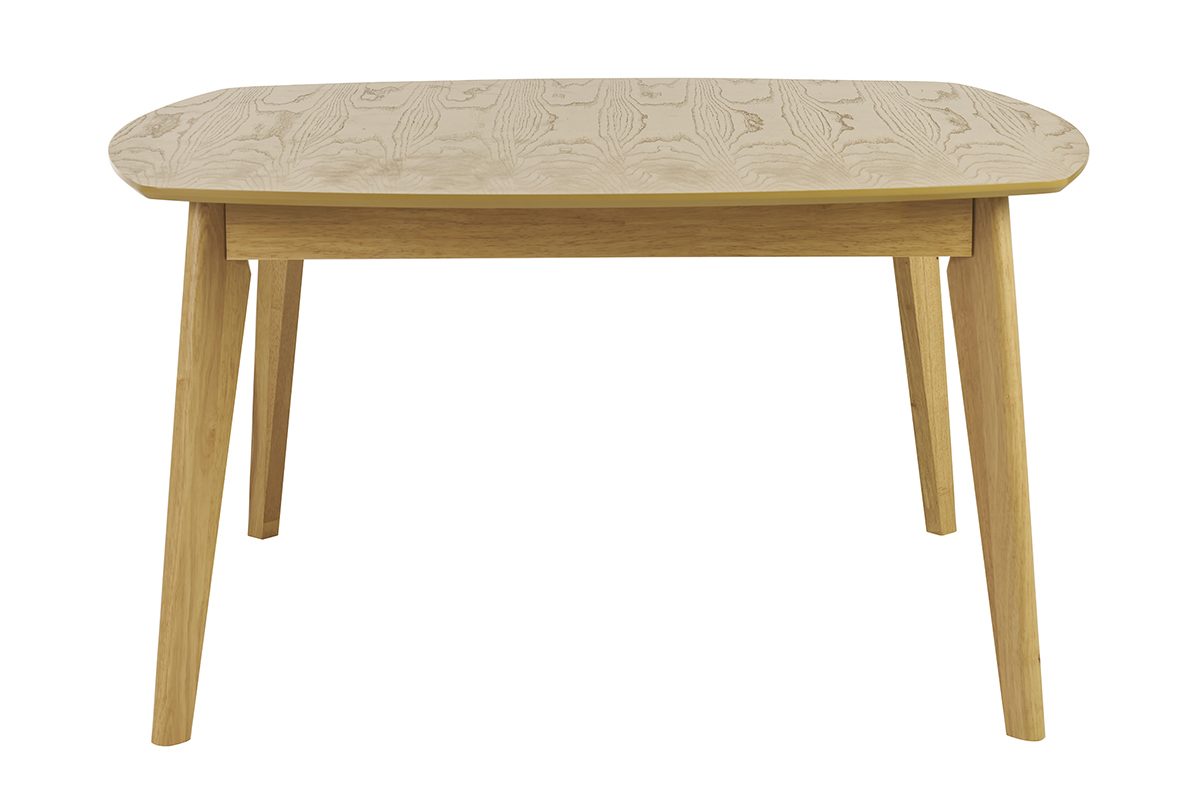 Tavolo da pranzo quadrato scandinavo in legno chiaro visto frontalmente.