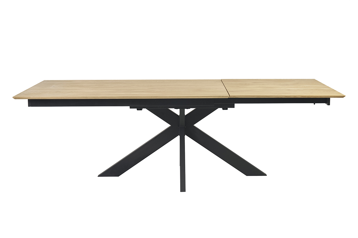 Tavolo da pranzo allungabile in rovere massello con piede a croce, vista frontale.